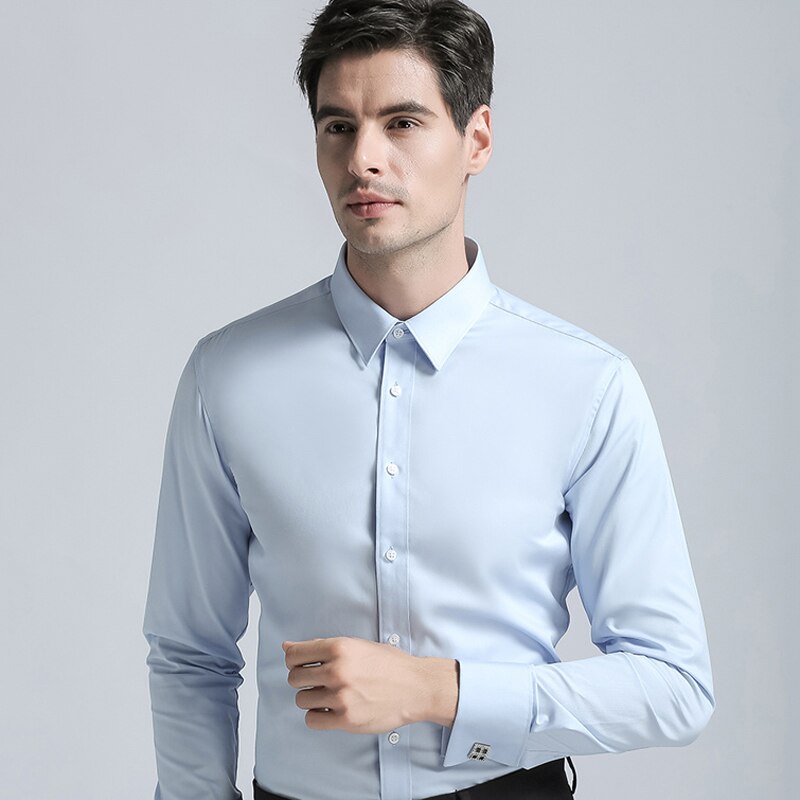 Long Sleeves Cotton Men Dress Shirts Solid Color Business Suits Casual Regular Fit Cufflink Blouse