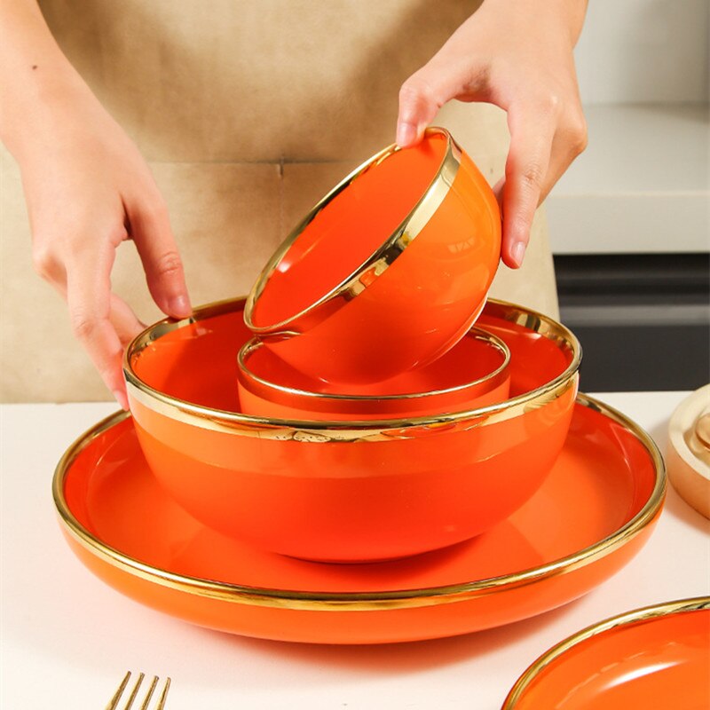 High Bright Gilt Rim Orange Porcelain Dinner Tray Kitchen Plates Ceramic Tableware Food Dishes Rice Salad Noodles Bowl