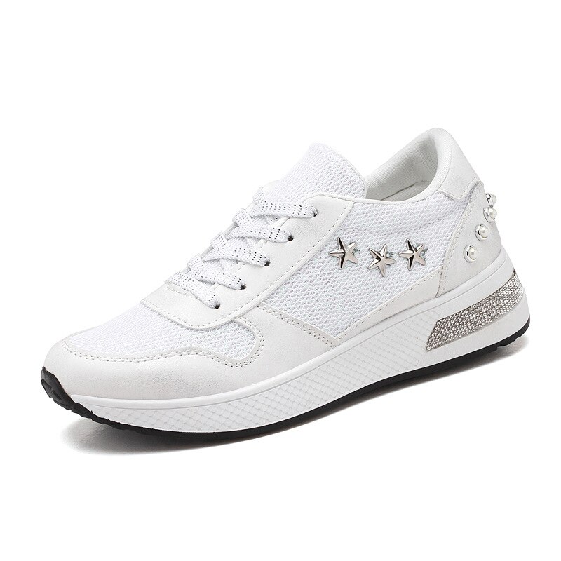 Fujin Vrouwen Sneakers Platform Lace Up Bling Bling Strass Klinknagel Mode Lente Herfst Vrouwelijke Casual Schoenen Tenis Feminino: WHITE / 6.5