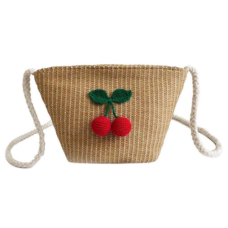 Stro Vrouw Zak met Cherry schoudertassen Strand Meisjes Kleine Messenger Rotan Zakken Schouder Rieten Tassen: Khaki