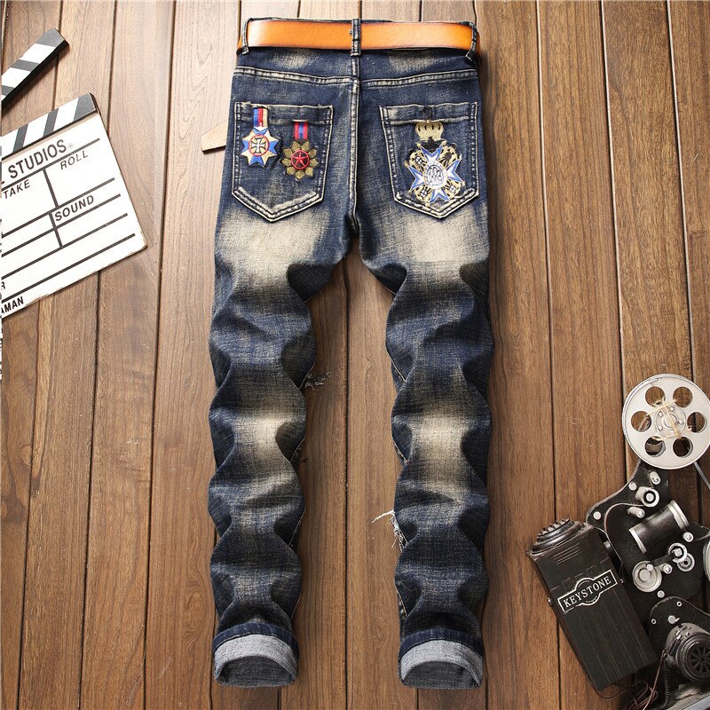 Gat Verontruste Men Denim Jeans Volledige Lengte Bloemen Patchwork Stretch Mannelijke Gewassen Cowboy Borduurwerk Geplooide Patches