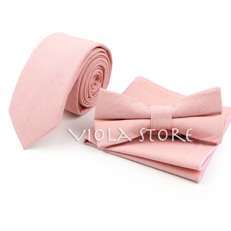 Conjunto de pañuelo de algodón para hombre, corbata de lazo, Color verde claro, rosa, naranja, sólido, 6cm, para boda, , accesorio superior: 03