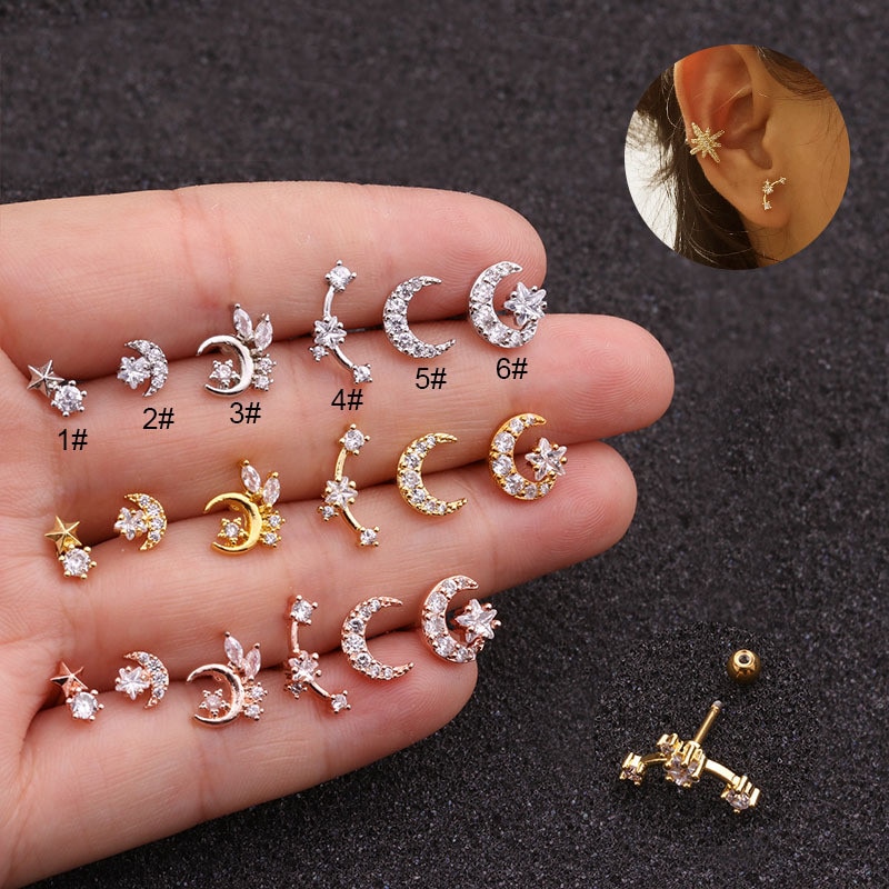 20G oreille Piercing Cz lune et étoile Cartilage Helix Tragus conque Rook acier inoxydable vis arrière goujon Cartilage boucles d'oreilles