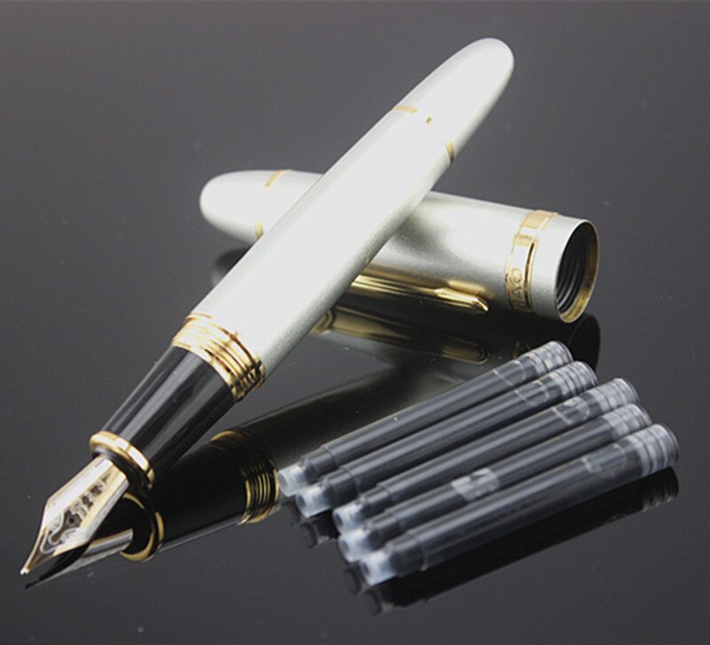 JINHAO 159 0.7 mm Nib Metal Fountain Pen Black Lacquer Gold Trim Big Heavy signature Business office ink black Refill: I / Bent Nib 1.0MM