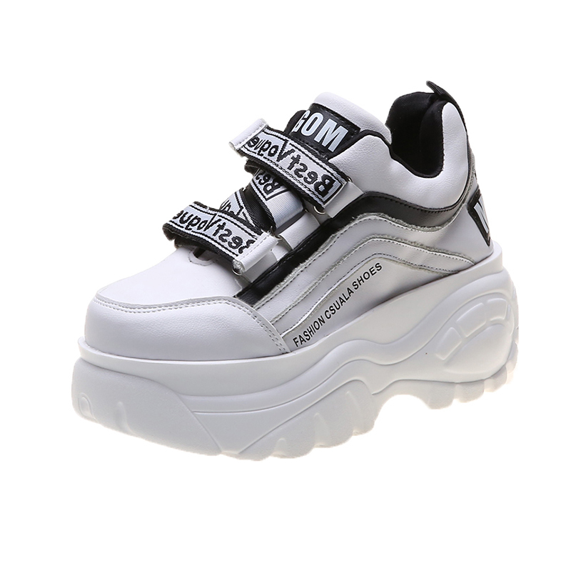Women's Platform Sneakers - 7cm Heel Height - PU Leather - Lace-Up - Height Increasing Sport Shoes: White / 5.5
