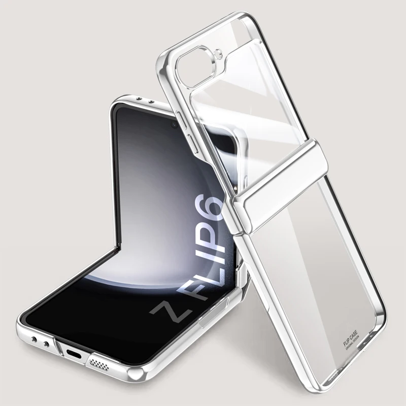 Bisagra plegable transparente galvanizada para Samsung Galaxy Z Flip 6, funda con película de espejo, cubierta dura todo incluido a prueba de golpes: Azul