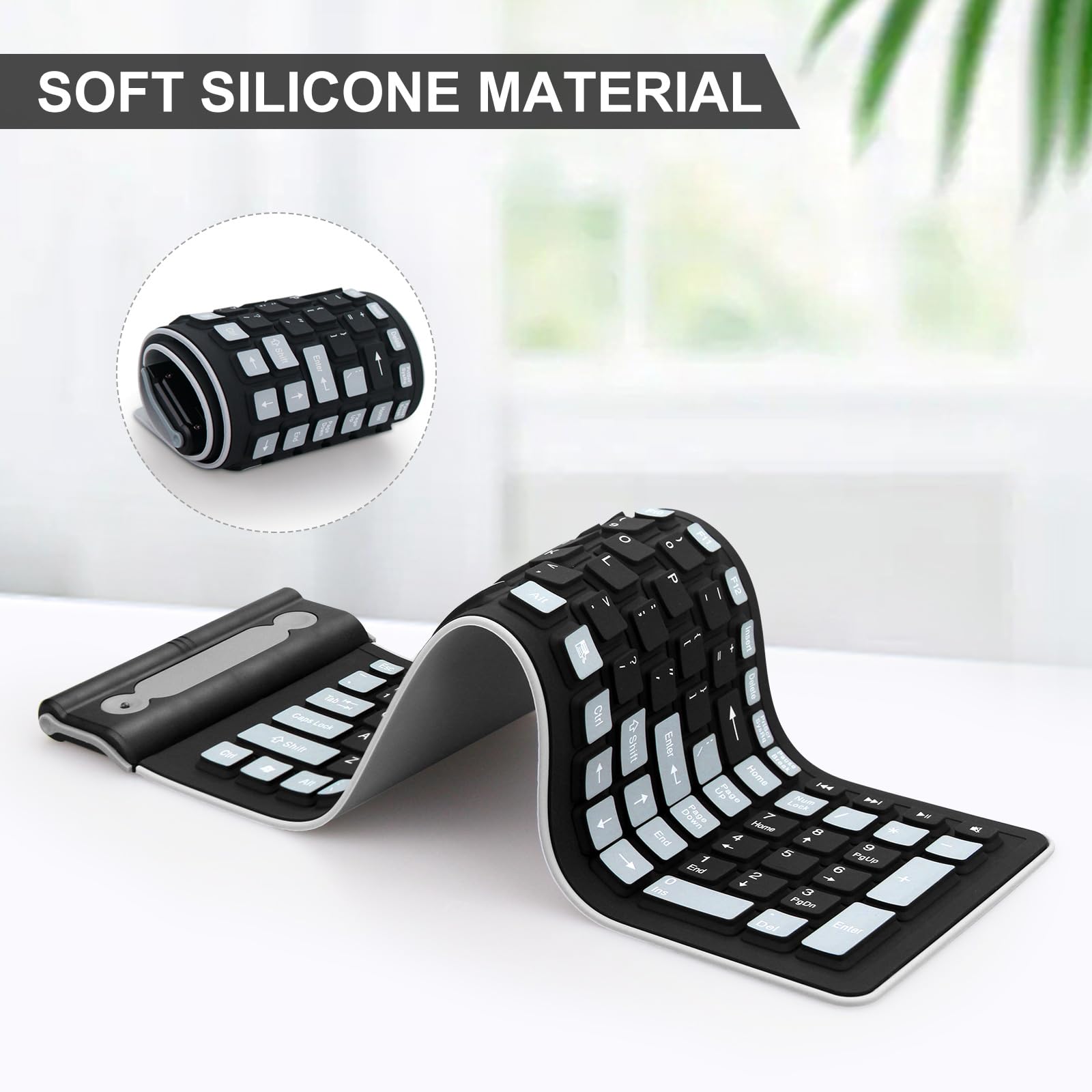 Wireless Silicone Keyboard,Foldable 2.4G USB Flexible Waterproof Slim Keyboard Universal Silent Roll Up Keypad For PC Laptop