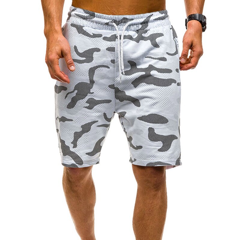 Herre camouflage trykte shorts elastisk talje snor fitness slank gym sport korte bukser mænd camo sommer shorts: M / Hvid