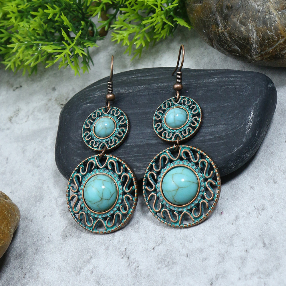 Pendientes bohemios étnicos Vintage de Color bronce para mujer, aretes colgantes geométricos de flor tallada en piedra azul clásica, joyería Jhumka: Bronze