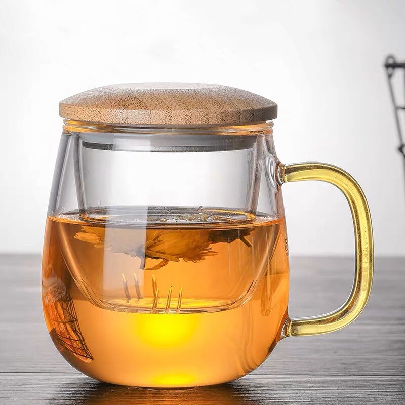 Glass Tea Infuser Cup With Transparent Filter Handle Bamboo Lid Heat-resistant Flower Teacup Office Tea Mug Drinkware: 420mlYellow