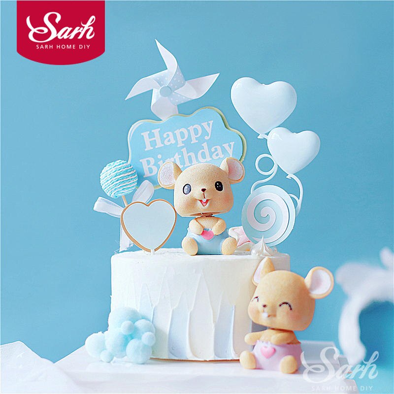 Décoration de la tête souris rose et bleu | En forme de cœur, moulin à vent, décoration de gâteau joyeux anniversaire, pour fête, fournitures de pâtisserie,