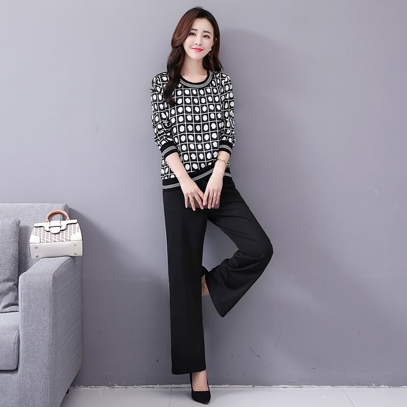 M-5x Autumn Black Printed Two Piece Sets Women Plus Size Long Sleeve Tops And Pants Suits Korean Office 2 Piece Sets