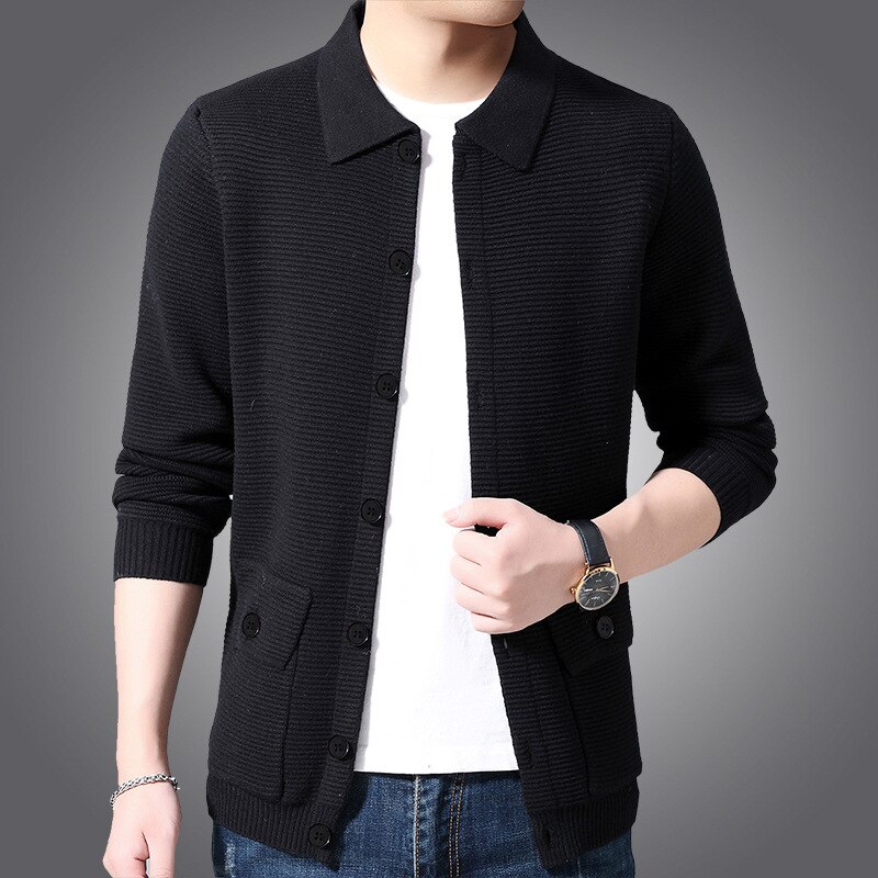 Veste en tricot 30% laine pour homme, pull-over, couleur unie, col rabattu, Cardigan, vêtement d&#39;extérieur, bonne: Black / M