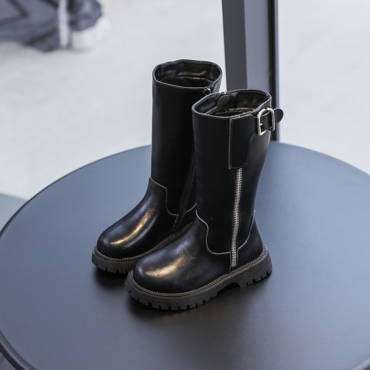 Bottes d&#39;hiver en cuir noir pour enfants, chaussures montantes et chaudes pour bébés filles et garçons, plate-forme décontractée, à la