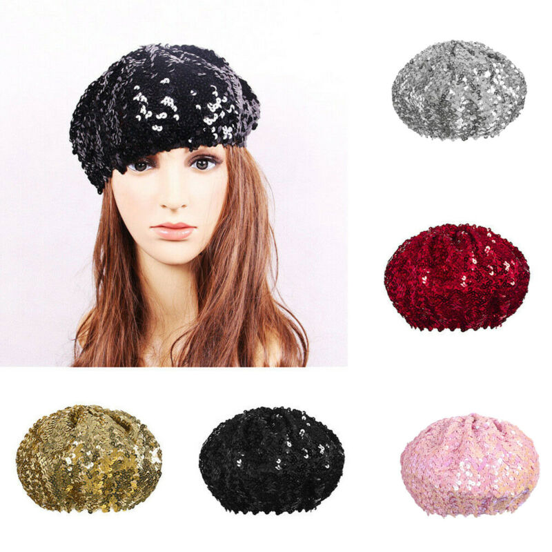 Women Sequin Berets Bling Stretch Metallic Shining French Beret Hat Beanie Clubwear Cap