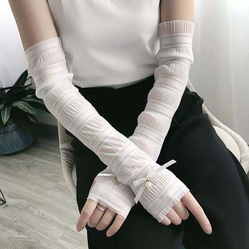 Summer Women Lace Thin Breathable Gloves Sun Protection Gloves Fingerless Outdoor Cycling Arm Sleeves Female: white