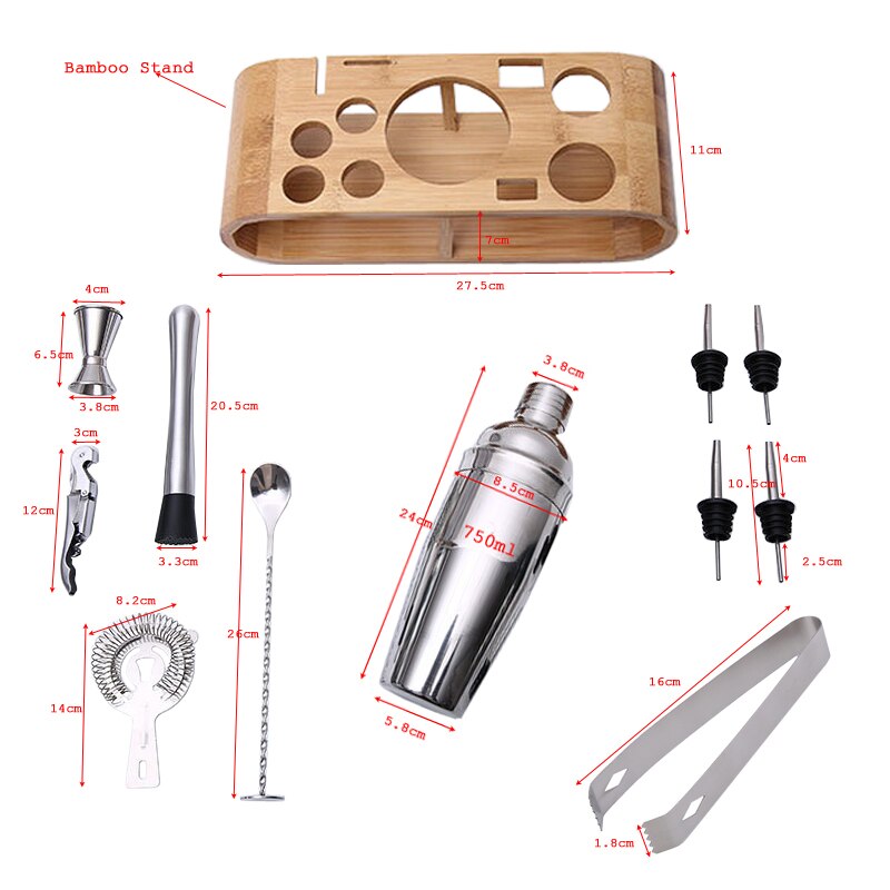 Service de Shaker pour Bar à Cocktail, en acier inoxydable pièces/ensemble, avec support en bois de bambou, 12 pièces