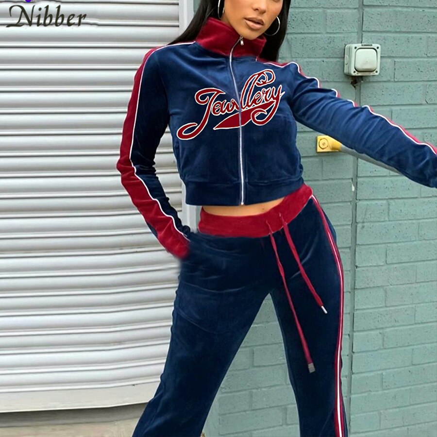 Nibber-chándal de terciopelo con cremallera para mujer, chaqueta + Pantalones, 2 conjuntos de dos piezas, para Fitness, ropa informal de calle