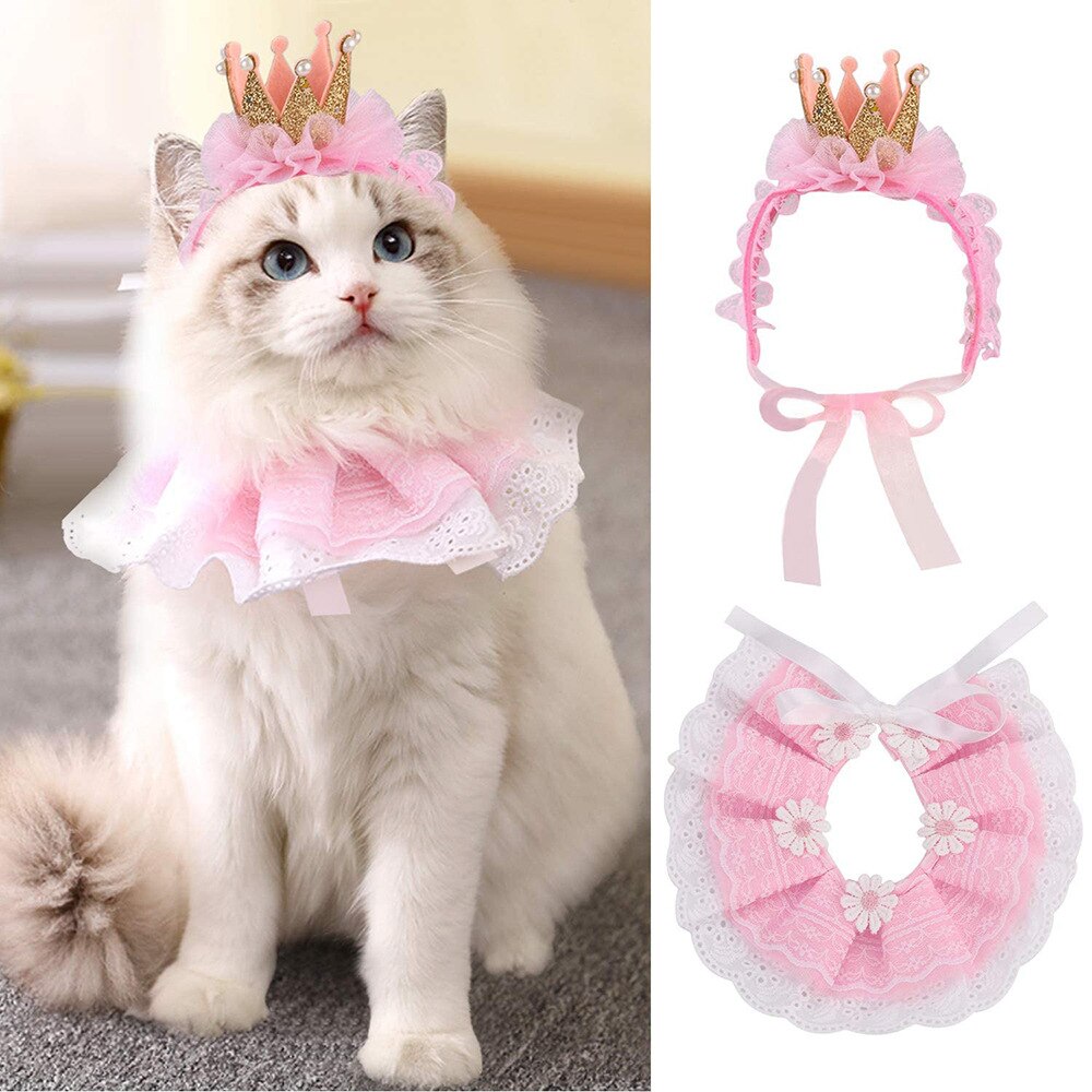 Pet Birthday Acessorio Dress Up The Cat, Pet Birthday Costume gatti o cani Crown Hat Lace Saliva Set di asciugamani, bavaglino compleanno per animali domestici