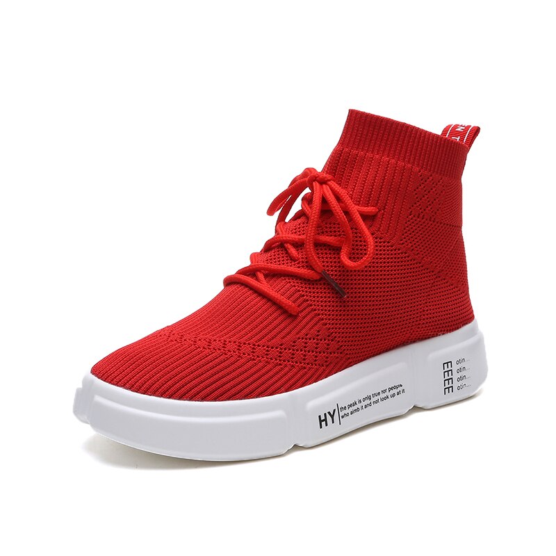 Kvinnor vita skor mesh andas high-top sneakers sommarstrumpor ankel dam skor casual snörning mjuka sneakers dam: Röd / 5