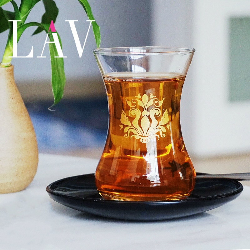 LAV Turkey Courtly Style Black Tea Cup And Saucer Kits Slim Waist Gold Leaf Pattern Espresso Coffee Mug Shot Glass Teacup Sets