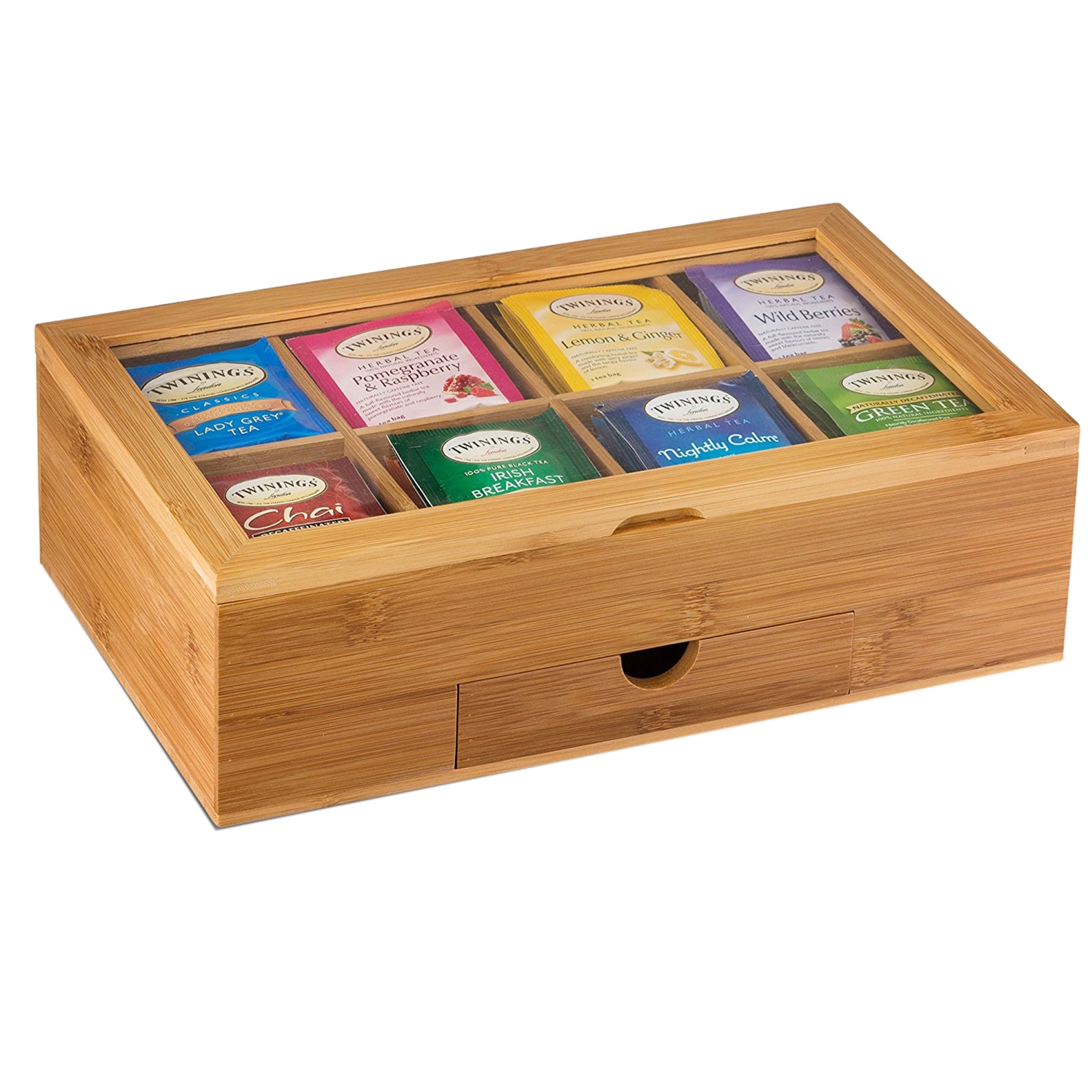 Tea Organizer Bamboo Tea Box with Small Drawer 100% Natural Bamboo Tea Chest - Great Idea