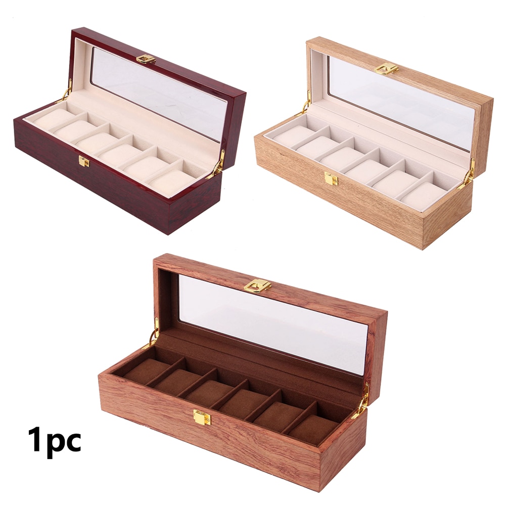6 slits trä vintage stil klocklåda skyddande förvaringsväska smycken arrangör hållbar heminredning bärbar glas topp
