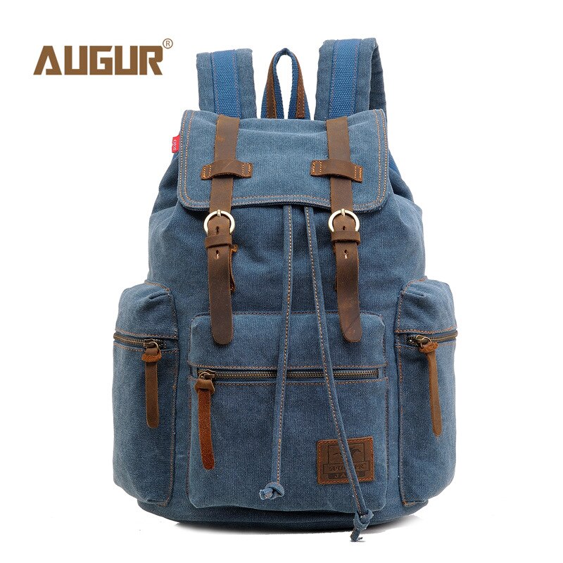AUGUR 17 inch men&#39;s backpack vintage canvas backpack school bag men&#39;s travel bags large capacity travel laptop backpack bag: Blue