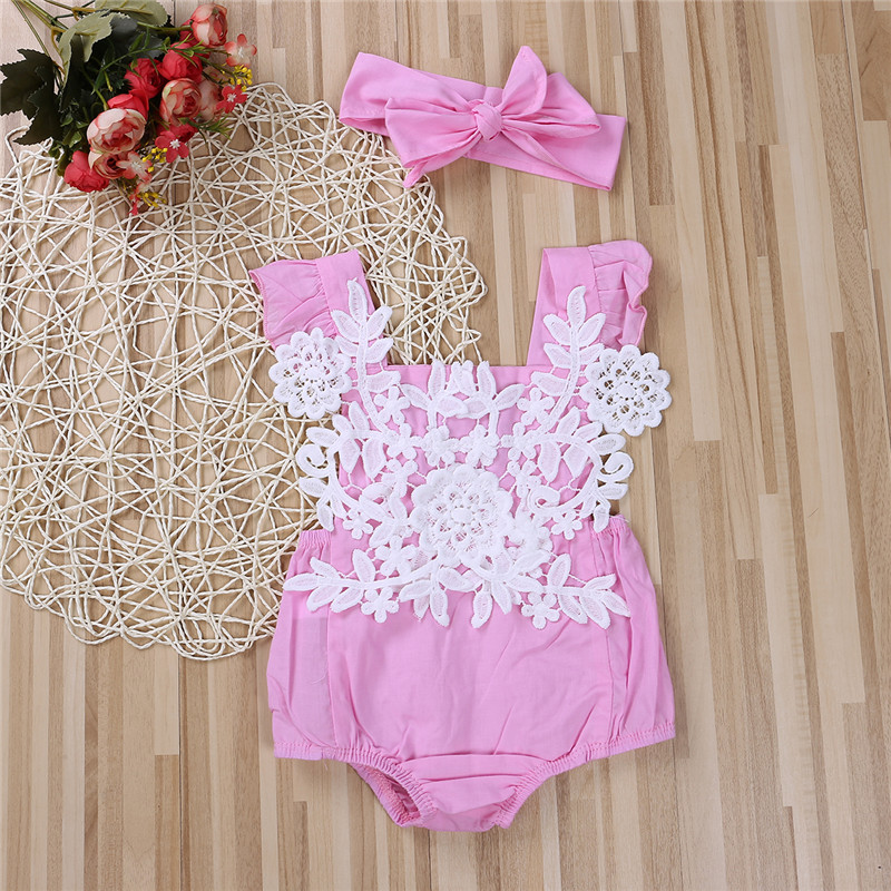 Princess Newborn Lace Ruffles Frilly Baby Girl Rompers Bebe Bodysuit+Headband Pink Leotard Tops Baby Clothing