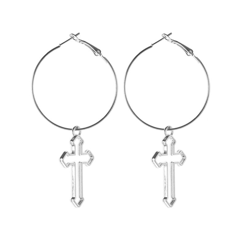 Pendientes colgantes con Cruz hueca para mujer, aretes de Color plateado, círculo redondo, pendientes de gota, joyería: Silver