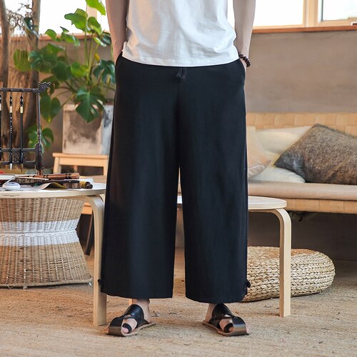 Pantalon pour hommes japonais | Élastique, taille large, pantalon à jambes larges, Kimono, pantalon masculin, couleur unie, Harem: Black / 5XL