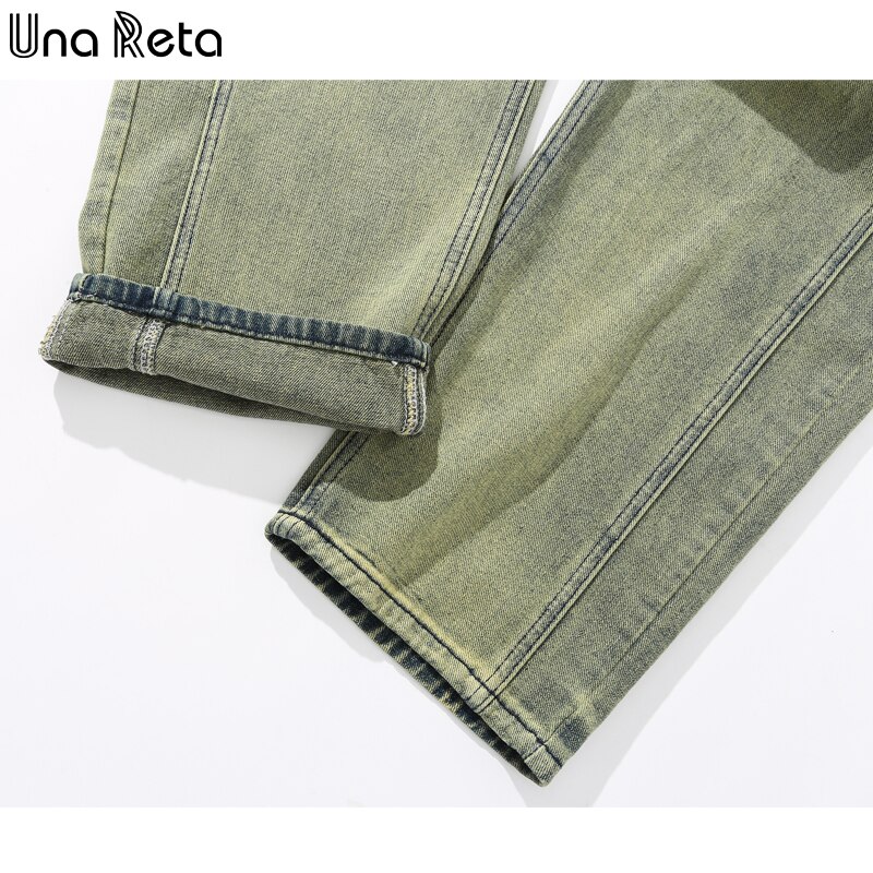 Una Reta Groen Heren Broek Hip Hop Straight Gewassen Denim Broek Losse Streetwear Solid Jeans Voor Mannen