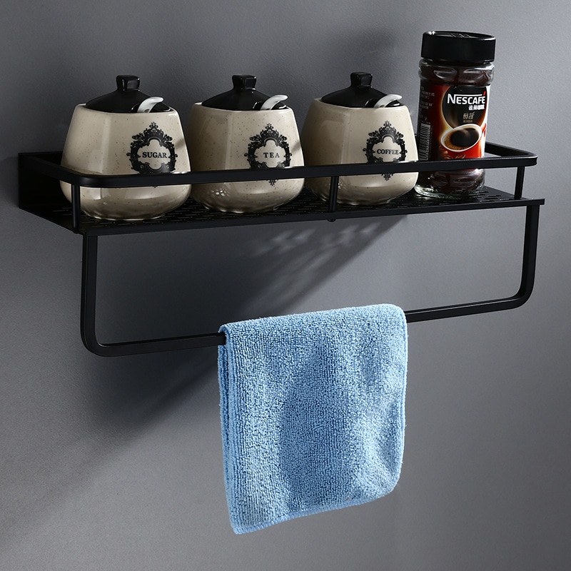 Badeværelseshylde med håndklædetang vægmonteret aluminium badekar bruser hylde sort bad shampoo holder kurv holder hjørne hylde