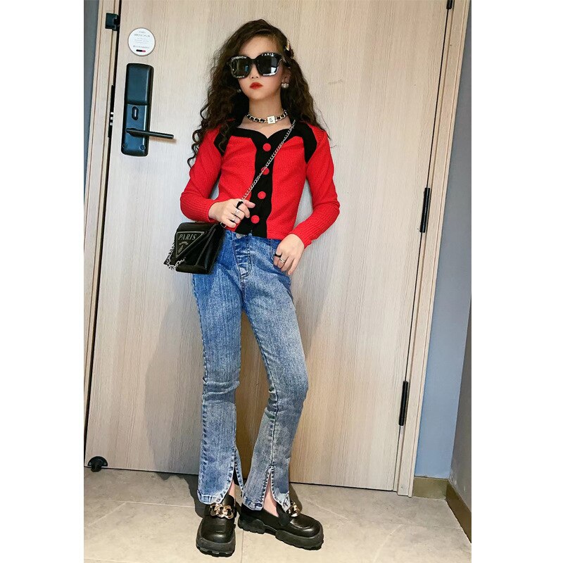 Kinderen Kleding Meisje Skinny Jeans 2022 Kids Elasticiteit Slim Fit Broek Mode Split Flared Broek Voor Tiener Kleding