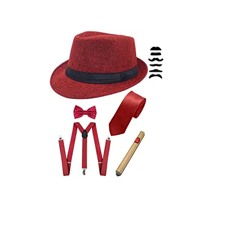 Halloween menn 20s cosplay kostymer tilbehør 1920s tilbehør for menn gatsby gangster kostyme sett panama fedora hatt: Burgunder