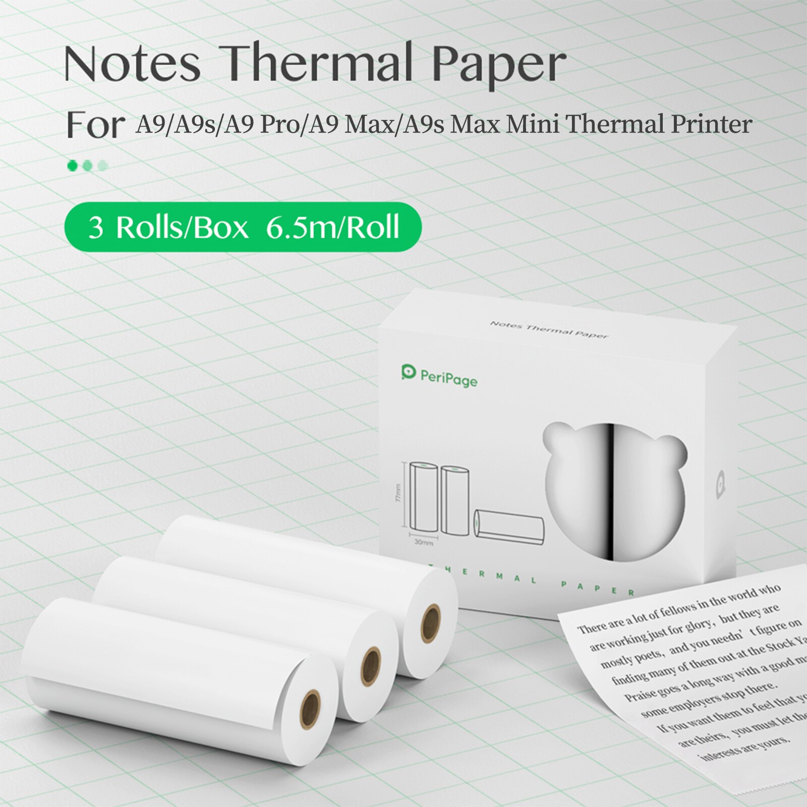 PeriPage – 3 rouleaux de papier autocollant thermique 77x30mm, papier autocollant imprimable sans BPA pour PeriPage A9/A9s/A9 Pro/A9 Max: Notes Paper