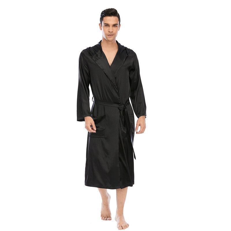 Faxu Silk Robe Male Hooded L-XXXL Nightgown With Packets Men's Bathrobe Winter Long Robe Mens Bath Robe Pajamas