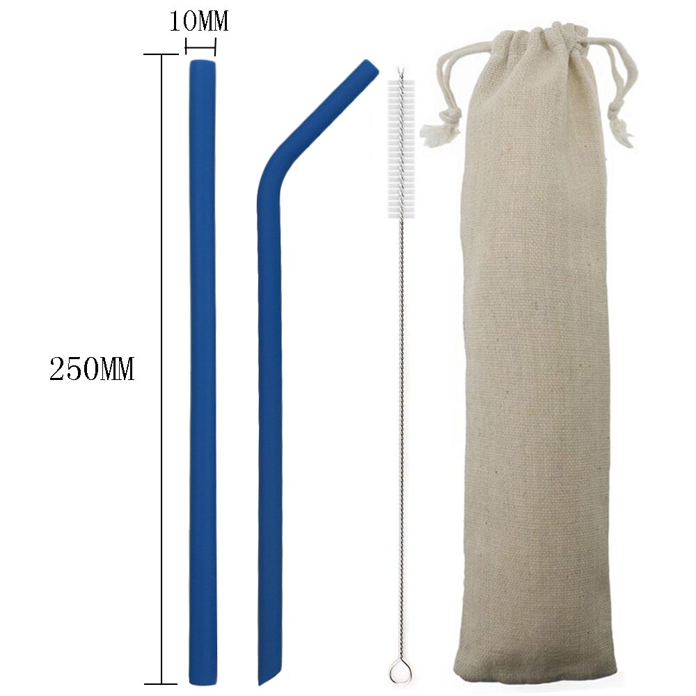 250MM Silicone Straw Reusable Drinking Straw Colorful Flexible Straw Wide 10mm Pearl Milk Tea Smoothies Straw With Cleaner Brush: 250MM blue