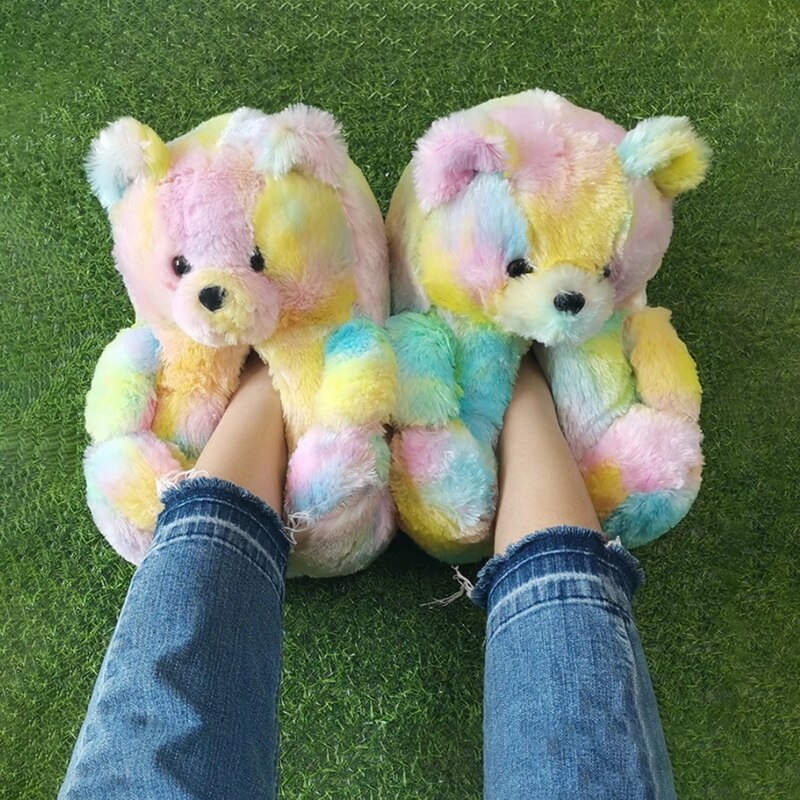 Kvinder sød bjørn plys tøfler tegneserie sød bjørn hus tøfler vinter varm furry faux fur slides kvinde furry flip flop sko