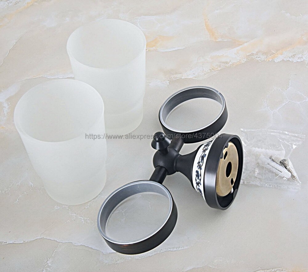 Bathroom Accessory Wall Mounted Black Oil Rubbed Bronze Toothbrush Holder with Two Glass Cups Nba760