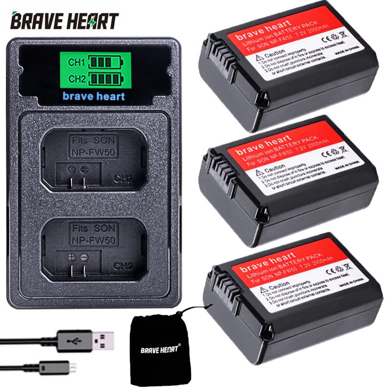 Brave heart-batería 4x NP-FW50 NP FW50 NPFW50, para Sony NEX 5T 5R 5TL 5N 5C 5CK A7R A7 F3 3N 3CA55 A37 A5000: charger and 3battery