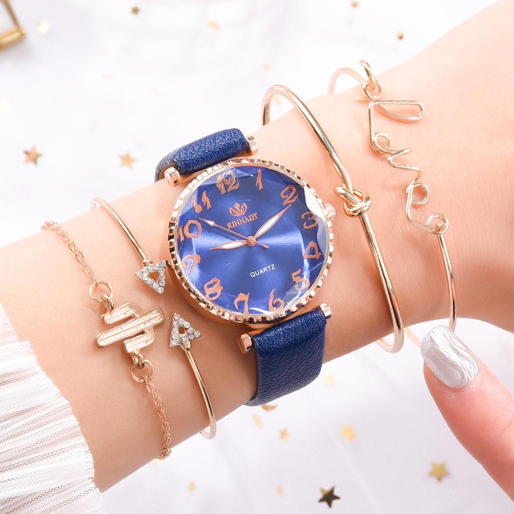 Montre Dame Lederen Band Quartz Horloge Mode Vrouwen Armband Armband Horloge Vijf Delige Set Persoonlijkheid Dameshorloge