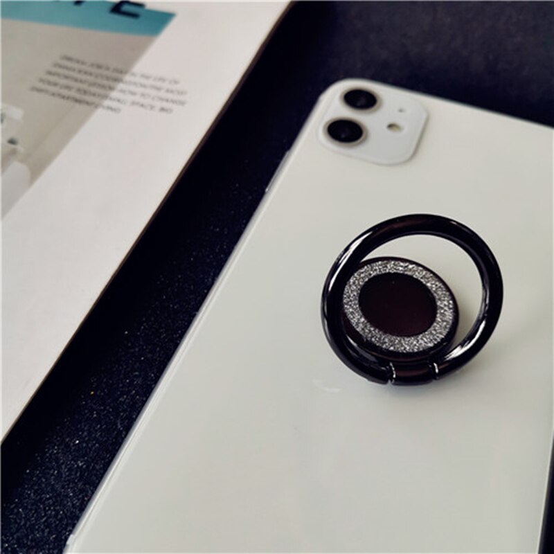 Crystal Round Phone Finger Ring Holder For iPhone Redmi Samsung Thread Metal Grip Rotation Cellphone Stand Mount Bracket: Black round
