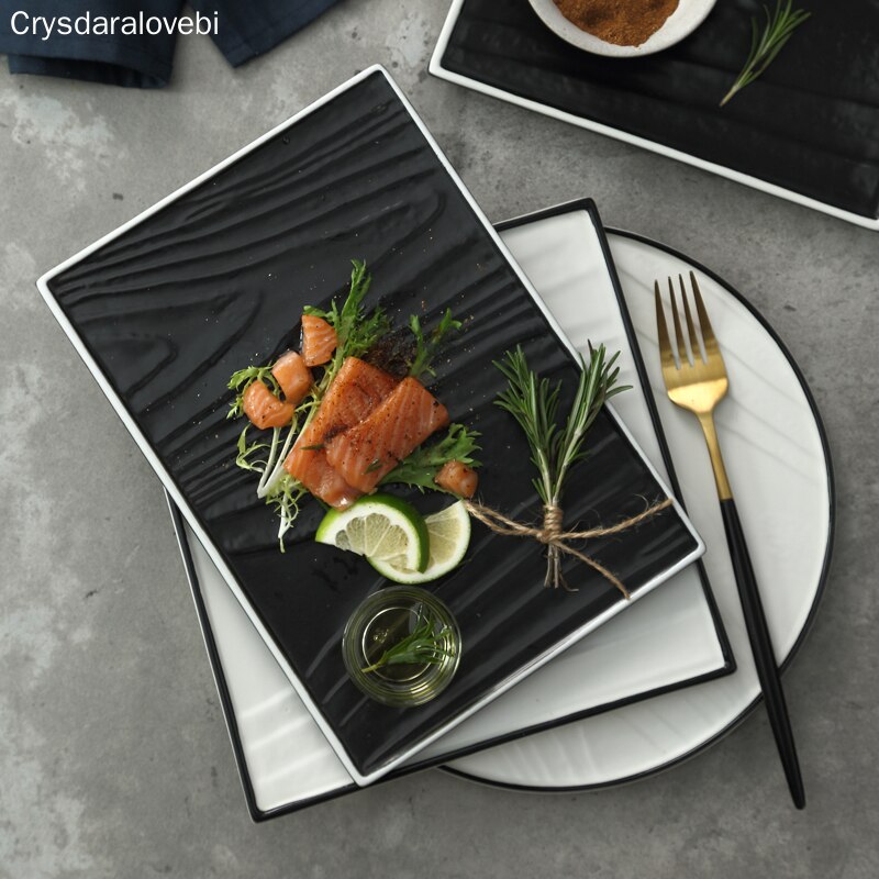Nordisk stil bøf flade plader high-end vestlig restaurant tallerken sort og hvid rektangulær keramisk fad husholdningsartikler