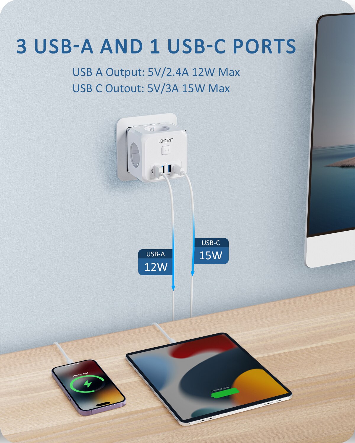 LENCENT Wandsteckdosen-Verlängerung mit 3 AC-Steckdosen, 3 USB-Anschlüssen und 1 Typ C 7-in-1 EU-Stecker-Ladegerät Ein/Aus-Schalter für Zuhause