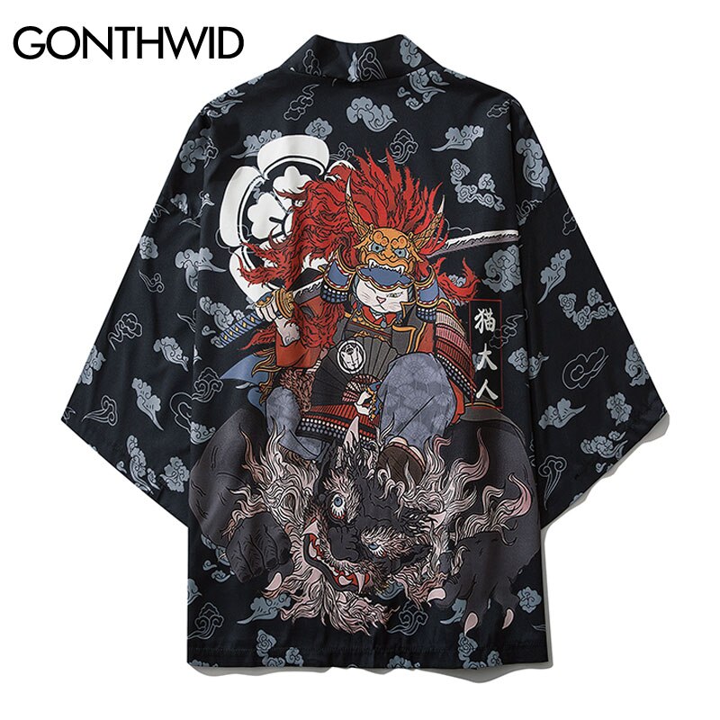 Gonthwid Japanse Samurai Kat Kirin Print Kimono Vest Shirts Jassen Streetwear Mannen Hip Hop Harajuku Casual Zomer Jas Tops