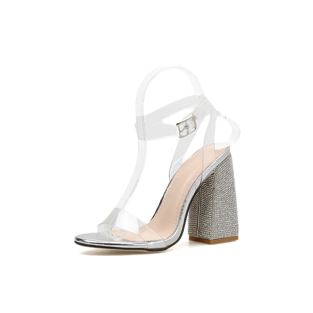 Sandalias de tacón brillante de lujo para mujer, zapatos de plataforma con adorno de cristal transparente, para baile de graduación, Stripper, sexys, para verano,: Plata / 10