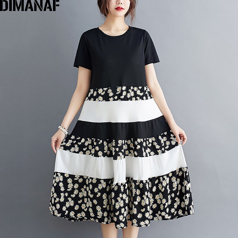 Dimanaf sommar plus size klänning damkläder solklänning löst tryck blommig veckad skarvad dam vestidos svart klänning