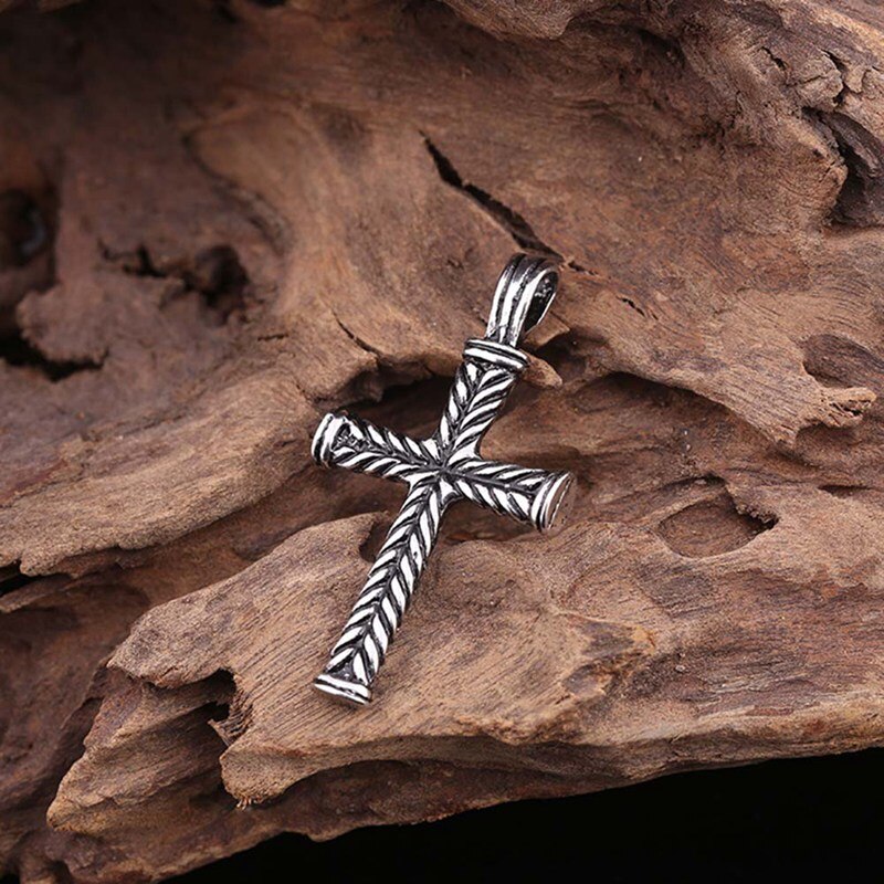 Mode Kruis Ketting Mannen Vintage dubbelzijdig Gestreepte Cross Hanger Met Ketting Hiphop Rock Ketting Sieraden