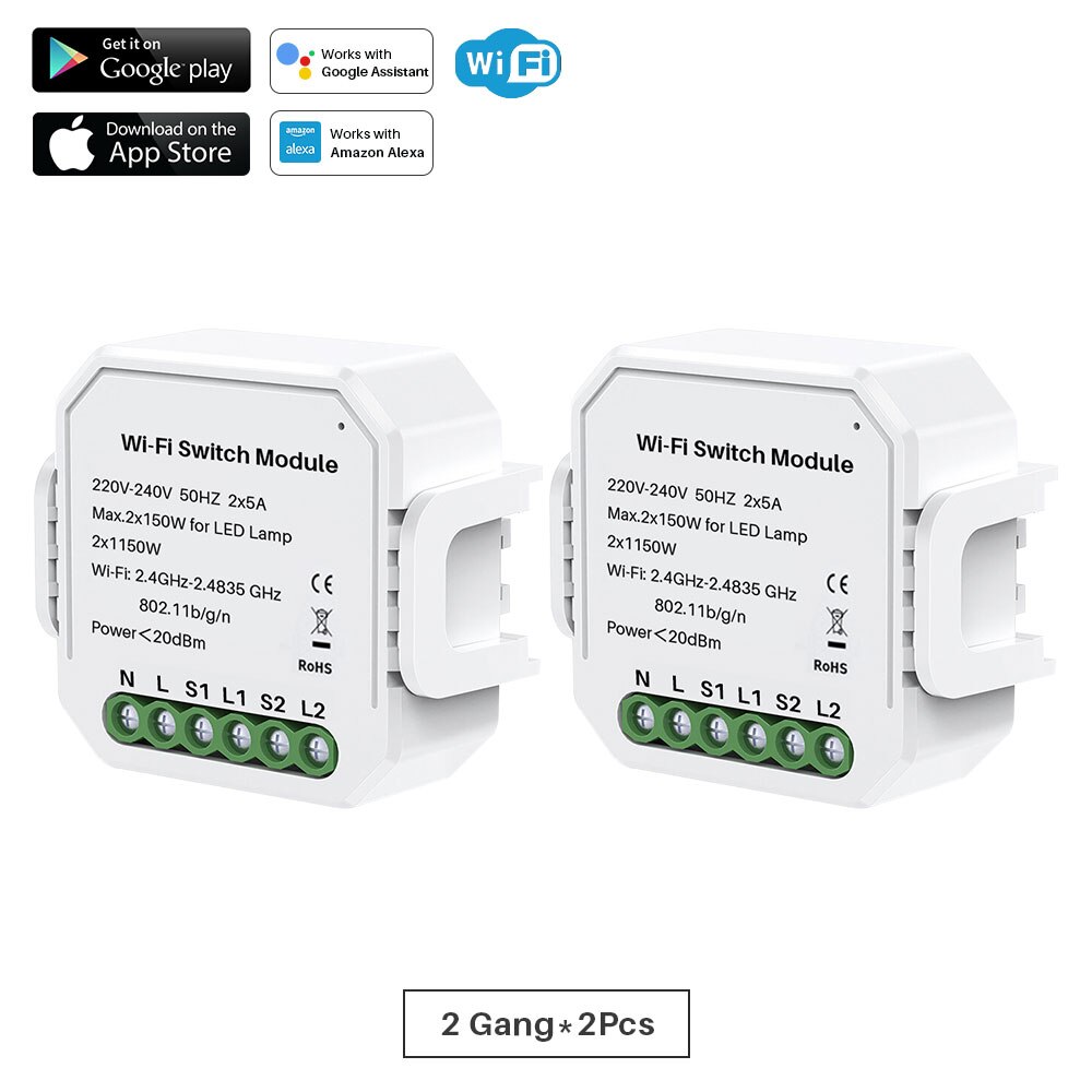 Wifi Smart Switch Module 1 Gang/2 Gang Two Way 10A 2300W Tuya Smart Leven App Afstandsbediening groep Controle Timer Werkt Met Alexa: 2Gang-2Pcs